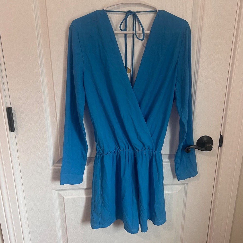 Three Eighty Two Blue Long Sleeve Wrap Romper Ope… - image 2